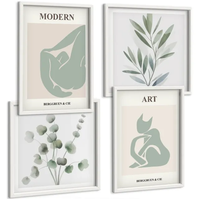 Coloray 4-Delige Schilderij Set - Plantmotieven In Delicate Groene Tinten - 40 x 40 En 40 x 60 - Wanddecoratie - Schilderijen Set - Kantoor - Stijlvolle Muurdecoratie Witte lijst