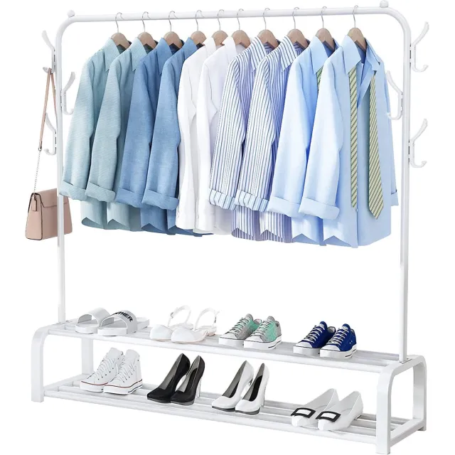 Avalo Industrieel Kledingrek - Garderoberek / Kledingrek met Schoenenrek en Haken - Wit Metaal 110x33x150 cm - Dressboy