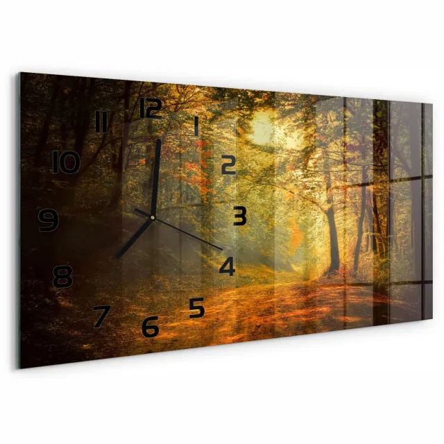 TULUP Wandklok - Herfstbos Wandklok Glas Decoratie - 60x30 cm - Oranje Gekleurde Glazen Klok - Zwarte handen - Rechthoekige Klok - Klok Glas Met Opdruk - Moderne Wandklok Glas