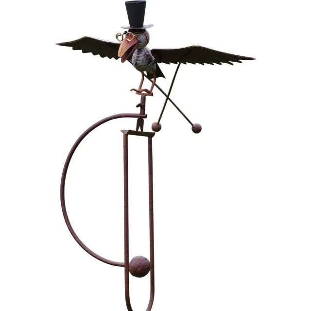 Thermobrass Tuinsteker balans vogel kraai met hoed - Afmetingen: 50 x 30 x 130 cm- zwart en roest diverse