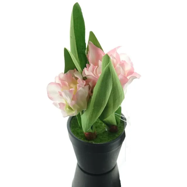 Gasper Tulpen Roze en Wit in Zwarte Minipot 19 cm - Kunstplant