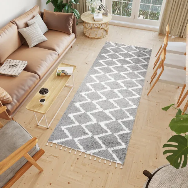 Tapiso Boho Loper Grijs Modern Hoogpolig Kwastjes Woonkamer Vloerkleed Grijs Lichtbeige