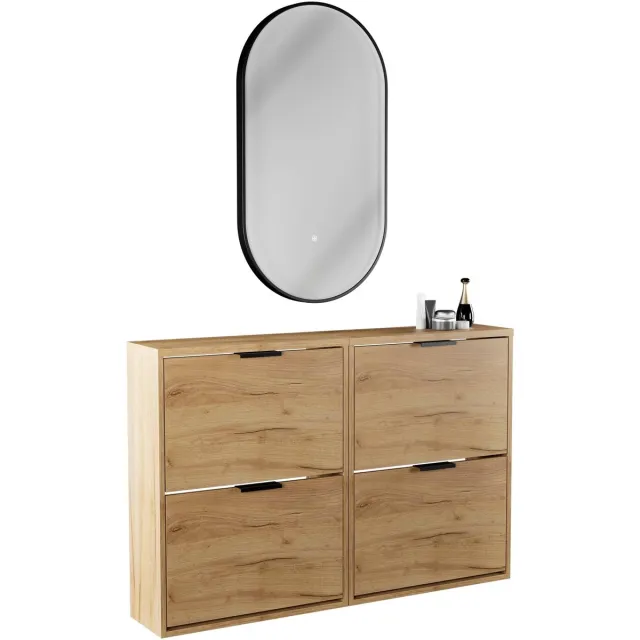 Planetmöbel STIVIO - Schoenenkastset 60 cm - Goud eiken - 3-delig - 2x 2 kleppen met LED-spiegel 2 kleppen, Goud eiken