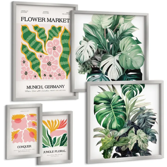 TULUP 4-Delige Schilderij Set - Plantenmotieven en bloemenaccenten in de boho-stijl. - 50 x 50 cm, 20 x 30 cm en 40 x 60 cm - Muurdecoratie - Decoratieve Schilderijen - Wohnzimmer Zilveren lijst