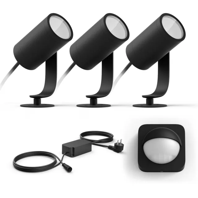 Philips Hue Lily Basisset van 3 Tuinspots (Antraciet) - Wit en Gekleurd Licht - Incl. 1 Voedingskabel, 1 Bewegingssensor voor Buiten - Tuinverlichting - Hue White and Color Ambiance Zwart