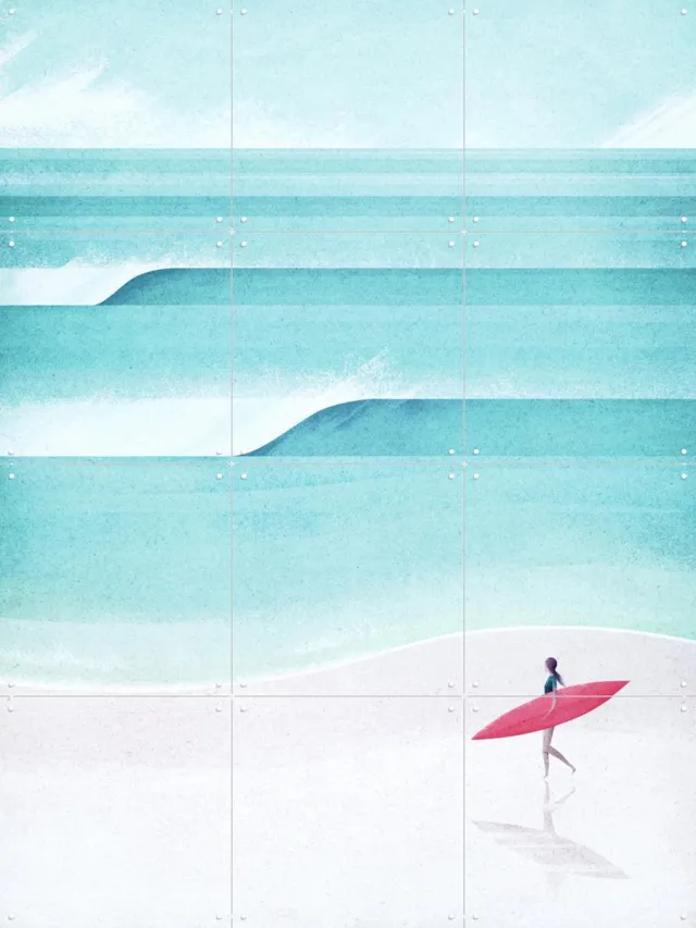 IXXI The Surfer, Henry Rivers - 60 x 80 cm - Grote wanddecoratie en posters - Minimalisme, Illustraties, Woonkamer, Mancave, Slaapkamer, Sport, Zomer Blauw / Lichte tinten