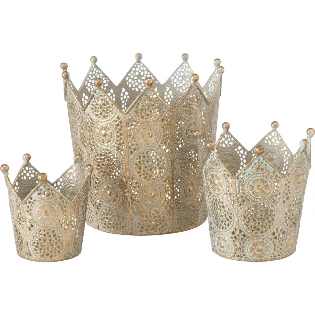 Boltze Kroon - Windlichten - Waxinehouder - 3 set - Metaal - 16cm - Ø 16 cm - Boltze Goud