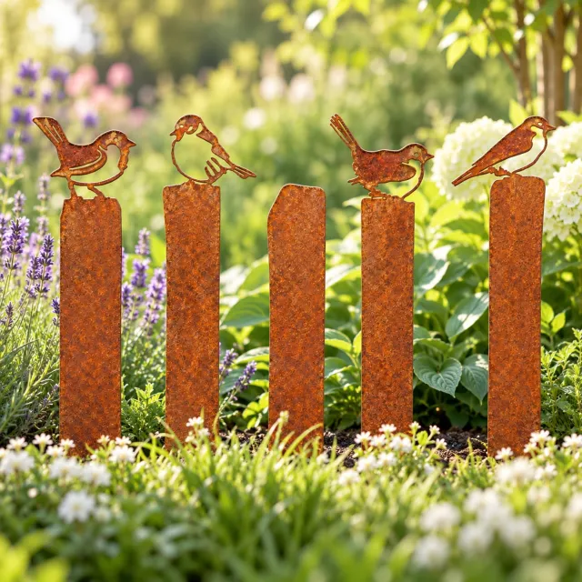 Weterings Store Cortenstaal tuindecoratie vogels set 5 delig 4 vogels 5 palen 50 cm roestkleur tuinsteker tuinbeeld buiten Metaal