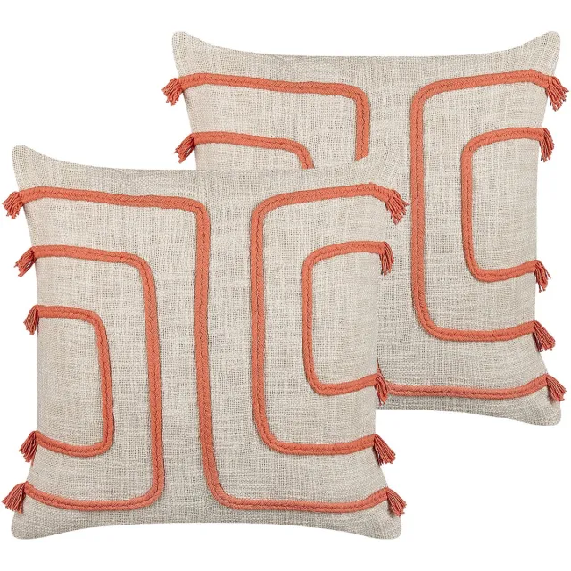 Beliani PLEIONE - Sierkussen set van 2 - Beige/Koraal - 45 x 45 cm - Katoen