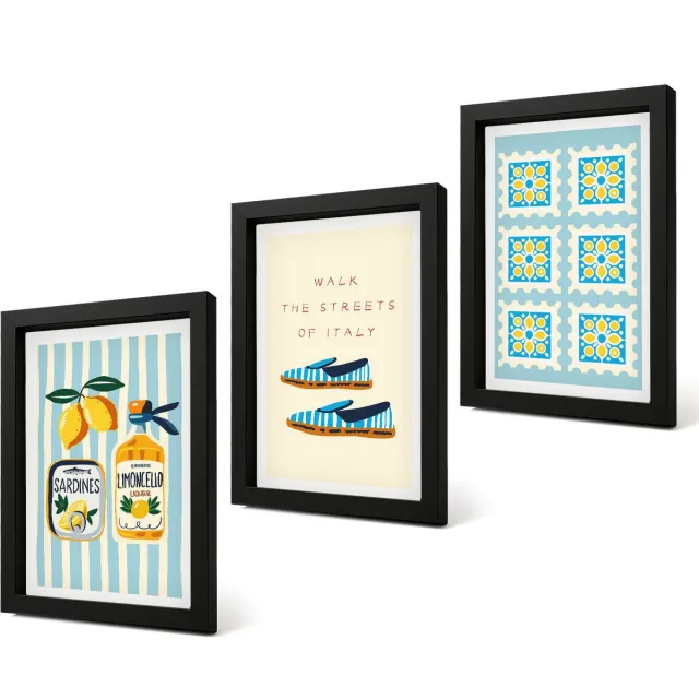 Coloray 4-Delige Schilderij Set - Fruitpatronen en elementen van de Italiaanse cultuur - 20 x 30 cm - Decoratieve Schilderijen - Woonkamer - Interieur Zwarte lijst
