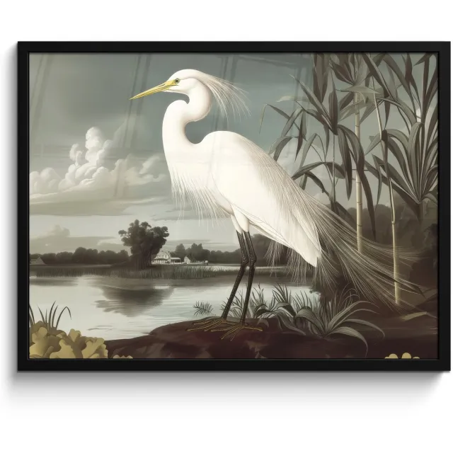 FrameYourWall Poster in lijst - Fotolijst 70x50 cm - Posters - Reiger - Planten - Wolken - Wit - Posterlijst zwart - Decoratie - Wanddecoratie woonkamer - Muurdecoratie slaapkamer