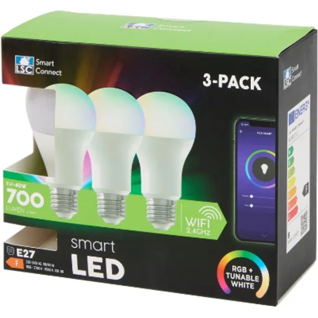 LSC Smart Connect Smart E27 Lamp - Multipack 3 stuks - Meerkleurig - Verbind met Wifi en Bedien Via App - Dimbaar - Lange Levensduur - Energiesparend