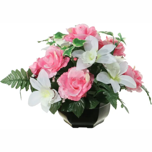 Louis Maes Kunstbloemen plantje in pot - roze/wit - 25 cm - Bloemstuk ornament - orchidee/rozen met bladgroen