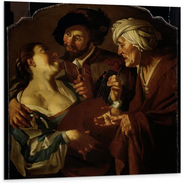 KuijsFotoprint Dibond - Oude meesters - De koppelaarster, Dirck van Baburen - 100x100cm Foto op Aluminium (Wanddecoratie van metaal) Bruin