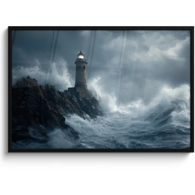 FrameYourWall Poster in lijst - Fotolijst 120x80 cm - Posters - Rotsen - Vuurtoren - Golven - Klliffen - Posterlijst zwart - Decoratie - Wanddecoratie woonkamer - Muurdecoratie slaapkamer Rotsen - Golven - Vuurtoren