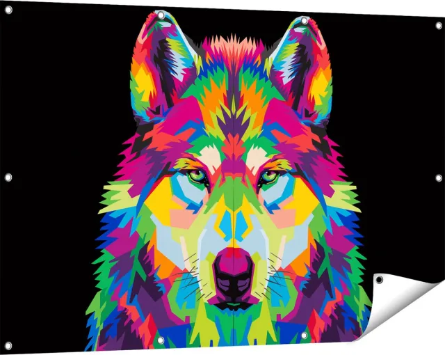 Gards Tuinposter Gekleurde Wolvenkop - Wolf - Abstract - 120x80 cm - Tuindoek - Tuindecoratie - Wanddecoratie buiten - Tuinschilderij Multikleur