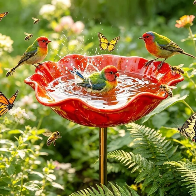 longziming Metalen Tuindecoratie Vogel- en Bijendrinkbak Steker - Bloemvormige Tuinsteek Vogelbad met Waterreservoir - Handgemaakte Tuinprikker voor Vogels, Bijen en Vlinders - Diepe Veilige Waterplaats - Hoogwaardig Ijzer - 1 Stuk rood