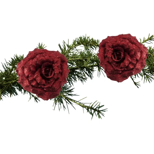 Cosy&Trendy Cosy & Trendy kerstboomversiering bloem op clip - 2x stuks - rood - glitter - 18 cm - kerstdecoratie - rode roos