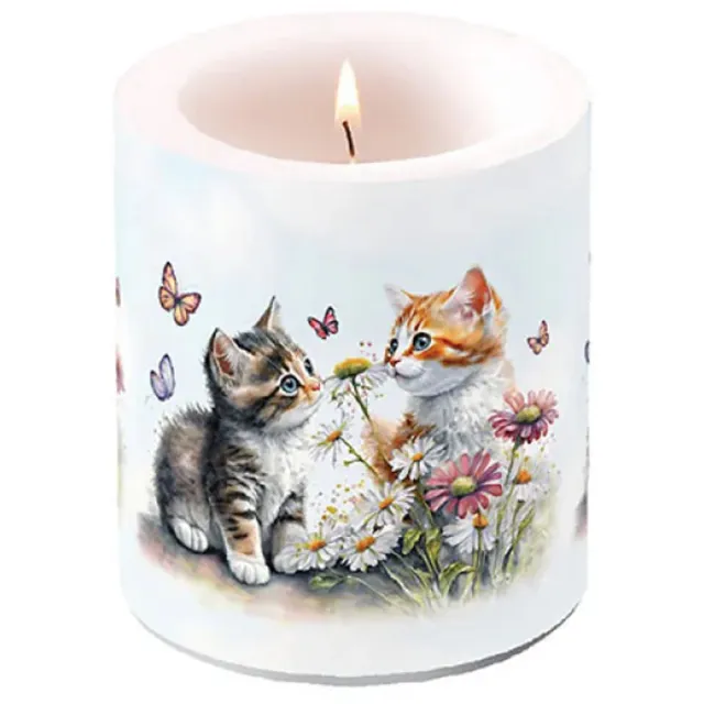 Ambiente Kaars - Medium - Kittens in flower Field - 45 branduren wit