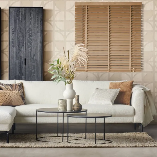 Woonexpress Houten Jaloezie Naturel - 180x130 cm (BxH) - Raamdecoratie - Lamelbreedte 50 mm - inc. Bedieningskoord en Draaistang - Eenvoudig op maat maken en monteren Hout - Naturel