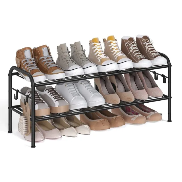 Klarven Schoenenrek Zwart - Schoenenrek met Haken - Shoe Rek - Verstelbaar, 2 Lagen en 4 Zijhaken - Stevig Stalen Frame Tintenzwart