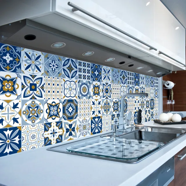 Ambiance Sticker Zelfklevende tegelmuurstickers voor keuken en badkamer - 9 cementtegelstickers, AZULEJOS-stijl, FABA - 9 stickers, 15x15 cm Multi color