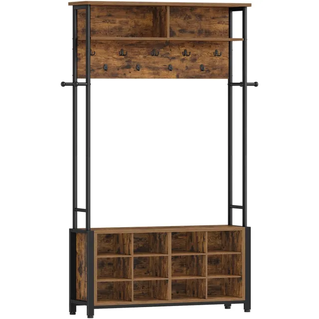 Turold Kledingrek - Kapstok Staand - Schoenenbank - Kapstok met Schoenenrek - Hout/Bruin - 13 Haken - 14 Open Vakken - Verstelbaar Vintage Bruin - Zwart