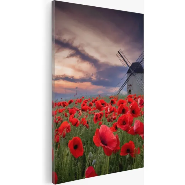 Saammp Canvas Schilderij - Klaprozen met molen - Bloemen - Landschap - Natuur - 50x70 - Foto op canvas - Wanddecoratie - Muurdecoratie Woonkamer - Slaapkamer decoratie - Canvas Print Multicolor