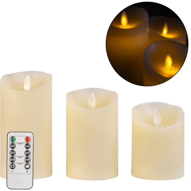 Intirilife 3x kaarsen vlamloze LED kaarsen van was in wit - 7,5 x 15 / 12,5 / 10 cm - zuilkaars met afstandsbediening op batterijen decoratie idee warm licht kaarslicht