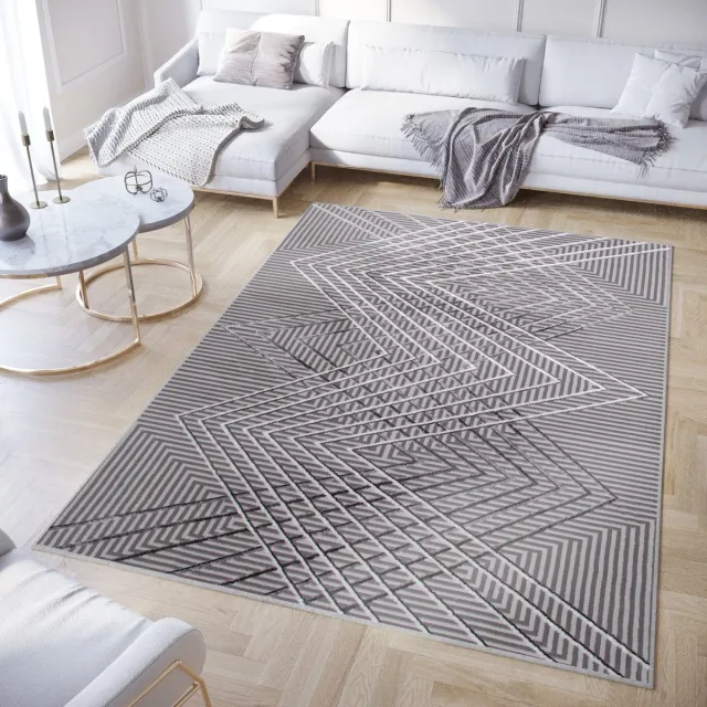 Tapiso Crystal Vloerkleed Grijs Zigzag 3D Effect Laagpolig Tapijt Donkergrijs 4