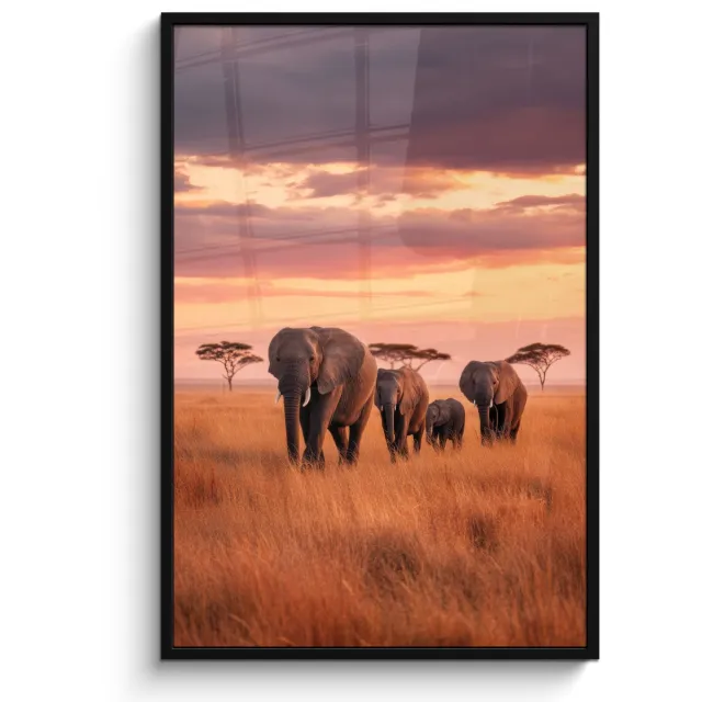 FrameYourWall Poster in lijst - Fotolijst 80x120 cm - Posters - Groep olifanten - Open vlakte - Zon - Posterlijst zwart - Decoratie - Wanddecoratie woonkamer - Muurdecoratie slaapkamer