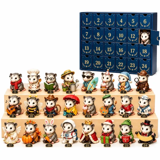 SWGOTA Opossum-adventskalender met 24 vakjes - Platte decoraties in diverse thema's - In papieren doos Blauw