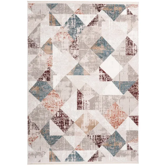Padiro design laagpolig vloerkleed 80 x 150 cm - lichtbeige - modern abstract ontwerp - met franjes - voor vloerverwarming - van polyester en katoen