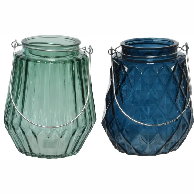 Decoris Set van 2x stuks theelichthouders/waxinelichthouders ruit/streep glas zeegroen en donkerblauw met metalen handvat 11 x 13 cm Multi
