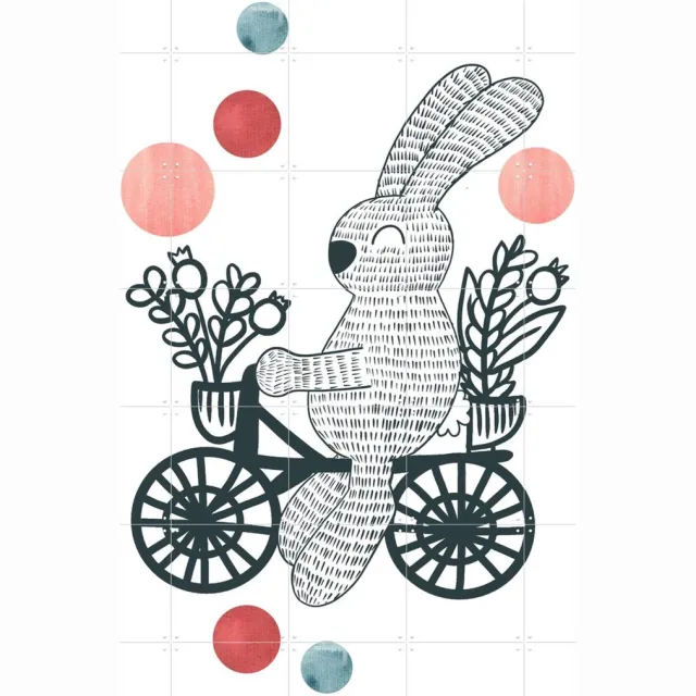 IXXI Happy Rabbit on a Bike, BAINAI - 100 x 140 cm - Grote wanddecoratie en posters - Fantasierijk, Grafisch Ontwerp, Illustraties, Cartoonesk Roze