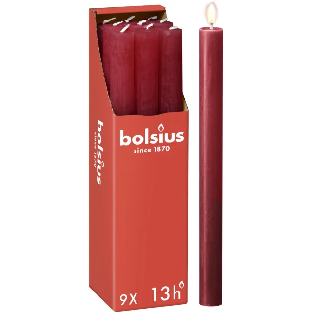 Bolsius Rustieke Dinerkaarsen - Bordeaux Rood - 9 stuks - 13 branduren - 27 cm