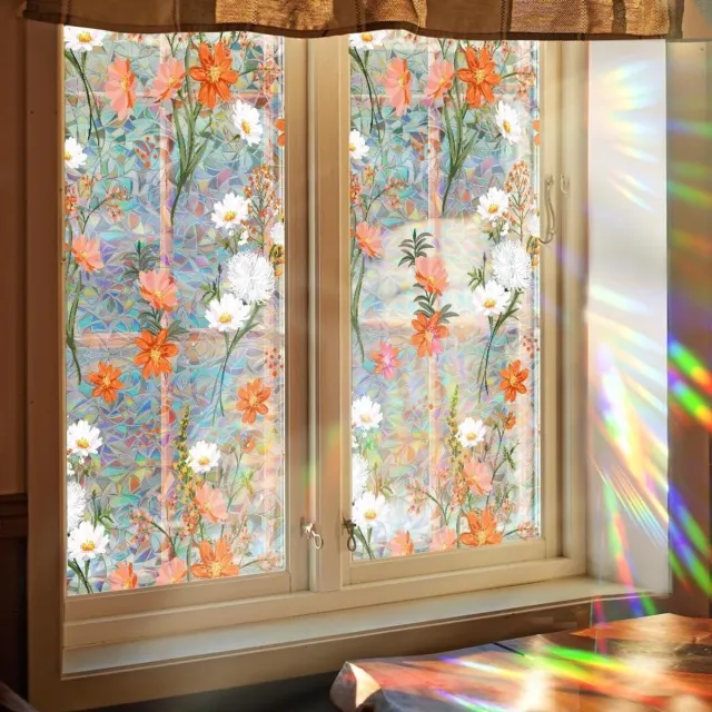 Cosensi Privacyfolie met regenboog en boho madeliefjesbloemen - Decoratieve 3D vinylsticker voor ramen - Niet-klevende raamstickers - 40 x 101,6 cm Meerkleurig
