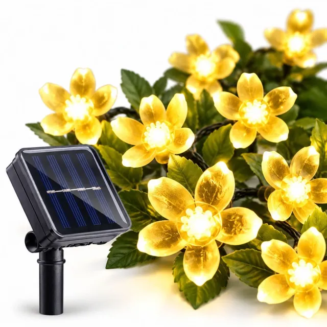 VHV Solar werkende bloem vormige licht snoeren - 8 verschillende flitsmodi - 7 meter met 50 LED lamp - Spatwaterdicht - Lichtsnoer - Prikkabel - Sfeer verlichting buiten en binnen - Tuinverlichting - Warm wit - Sfeer lampen