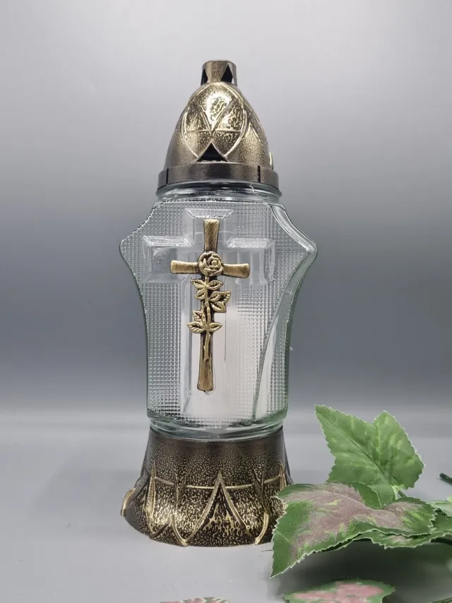 Lubema Herdenkingslicht - R-1b-zl - Kruis - Roos - Goud - Grafkaars – Graflicht – Graflantaarn – Grafdecoratie - Windlicht