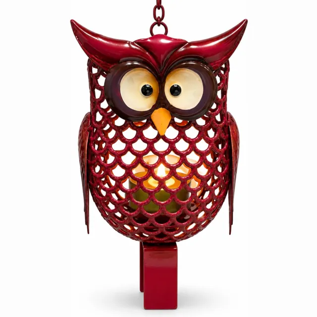 Animal King Uil Lantaarn - Ophangbaar Windlicht voor Kaarsen - Sfeervolle Tuindecoratie - Rood Metaal - 15 cm