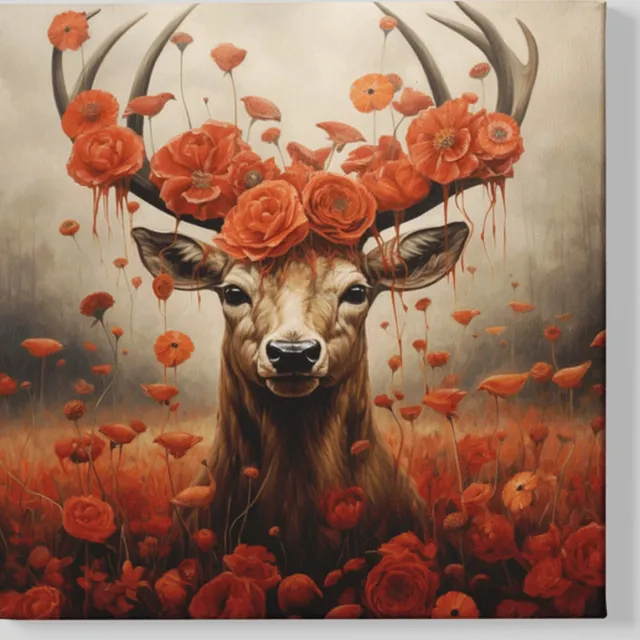 Trendex Global Vierkant Canvas Schilderij - Dieren - Hert met Bloemen - 60x60x2 cm Rood