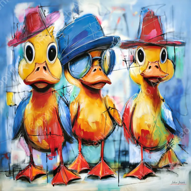 John Joseb Art (Glas) 80x80 | Grappige gekke kuikens, vogel, met bril en hoed, humor, abstract, kleurrijk, kunst, vierkant, kuiken, vogel, eend, rood, geel, blauw, wit, modern | Foto-schilderij-glasschilderij-acrylglas-acrylaat-wanddecoratie Acrylglas, dikte 5 mm