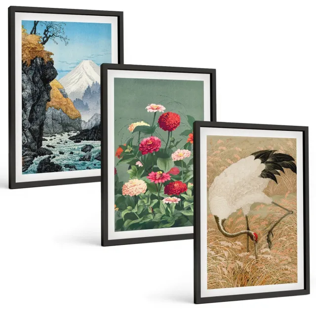 TULUP 4-Delige Schilderij Set - Bergen in het landschap, een rivier, bloemen en kraanvogels in het gras. - 40 x 60 cm - Moderne Wanddecoratie - Slaapkamer - Muurdecoratie Zwarte lijst