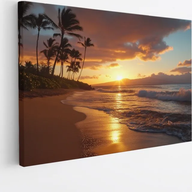 Saammp Canvas Schilderij - Strand Met Palmbomen - Zee - 40x30 - Foto op canvas - Wanddecoratie - muurdecoratie Woonkamer - Slaapkamer decoratie - Canvas Print Multicolor