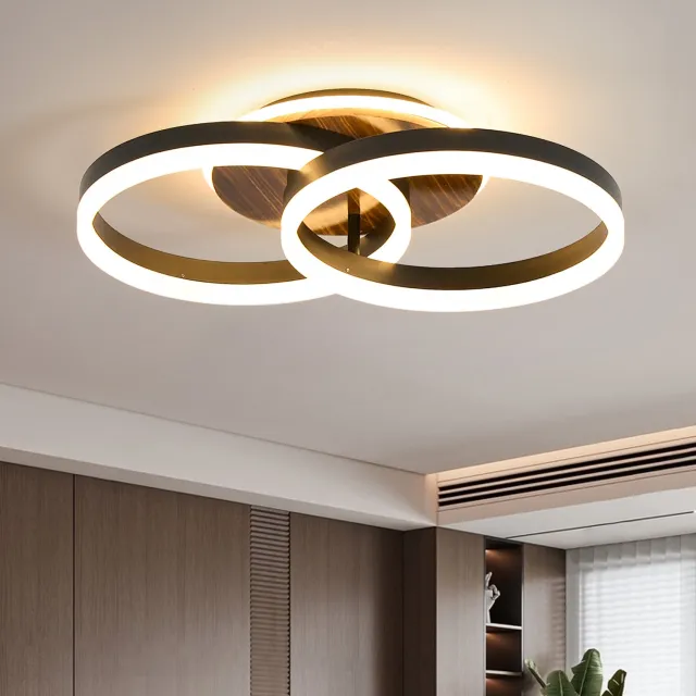 Amdelne Ceiling Light Zwart en hout - 36W - 3600 Lumen - Dimbare LED Plafonnière - LED Deckenlamp Dubbele Cirkel - 2.4G Draadloze Afstandsbediening - Flikkervrij met Geheugen & Timer