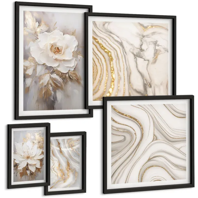 Coloray 5-Delige Schilderij Set - Bloemmotieven En Abstracte Patronen In Een Elegante Stijl. - 50 x 50 cm, 20 x 30 cm En 40 x 60 cm - Wanddecoratie - Schilderijen Set - Kantoor - Interieur Decoratie Zwarte lijst