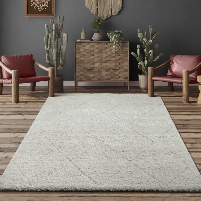 the carpet Bahar Shaggy – Hoogpolig vloerkleed met ruitpatroon in Scandinavische stijl, crème, 140 x 200 cm crème met ruitpatroon