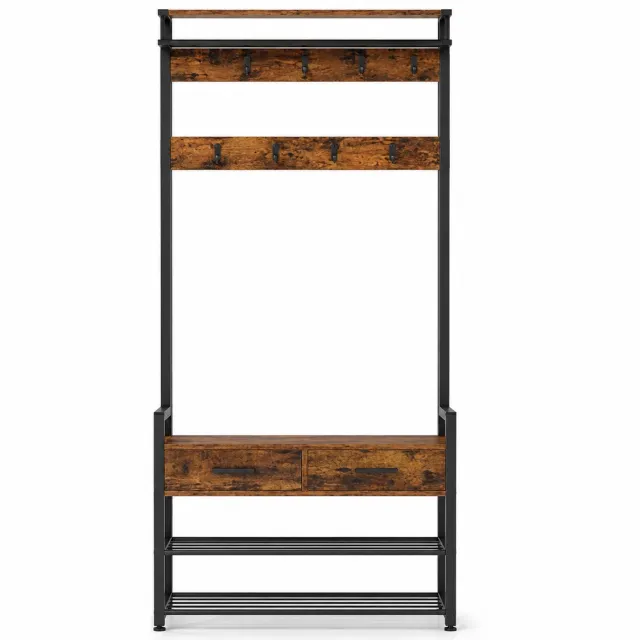 Brandistry Kapstok met Schoenenbank - Kapstok staand - Schoenenrek - Industrieel - Hout - Zwart - 30 × 80,4 × 181,6 cm (D × B × H) Hout Antracietgrijs/zwart