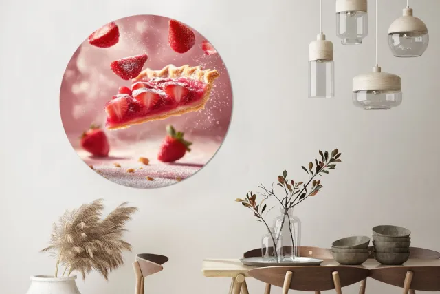 WallCircle Wandcirkel - Muurcirkel - Aardbei - Taart- Eten - Roze - Aluminium - Dibond - 120x120 cm - Binnen en Buiten