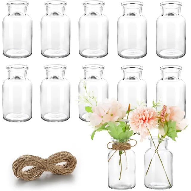 Famanu 12 mini-glazen vazen – kleine vazen voor tafeldecoratie bruiloft – decoratieve vazen met koord – mini-glazen vaas voor moderne tafeldecoratie – vaatwasmachinebestendig – 130 ml transparant